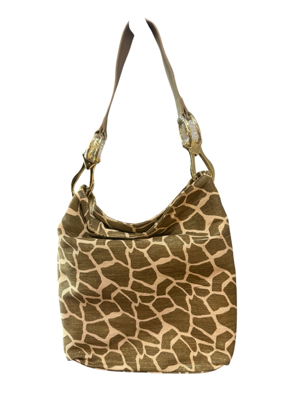Giraffe-Pattern Canvas Shoulder Bag - Brown